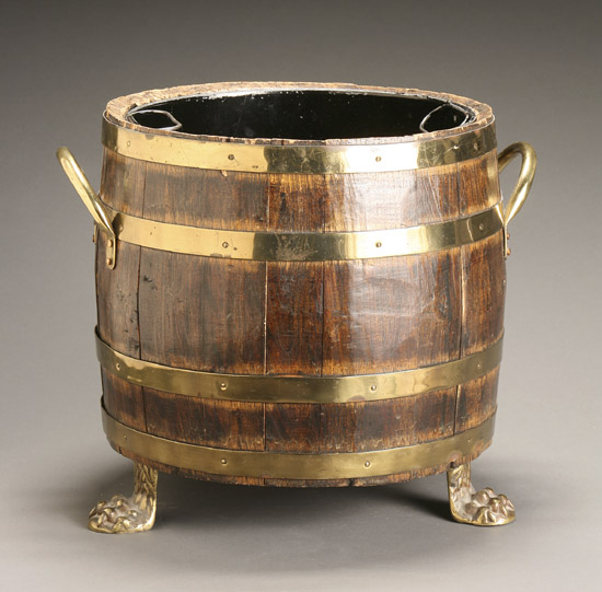 Appraisal: Regency Style Brass-Bound and Mounted Mahogany Barrel-Form Fuel Bucket Late