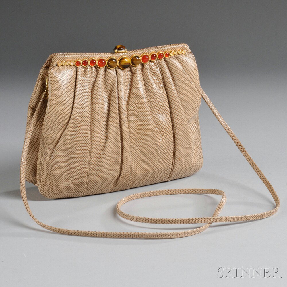 Appraisal: Judith Leiber Snake Skin-pattern Leather Purse with inset amber and