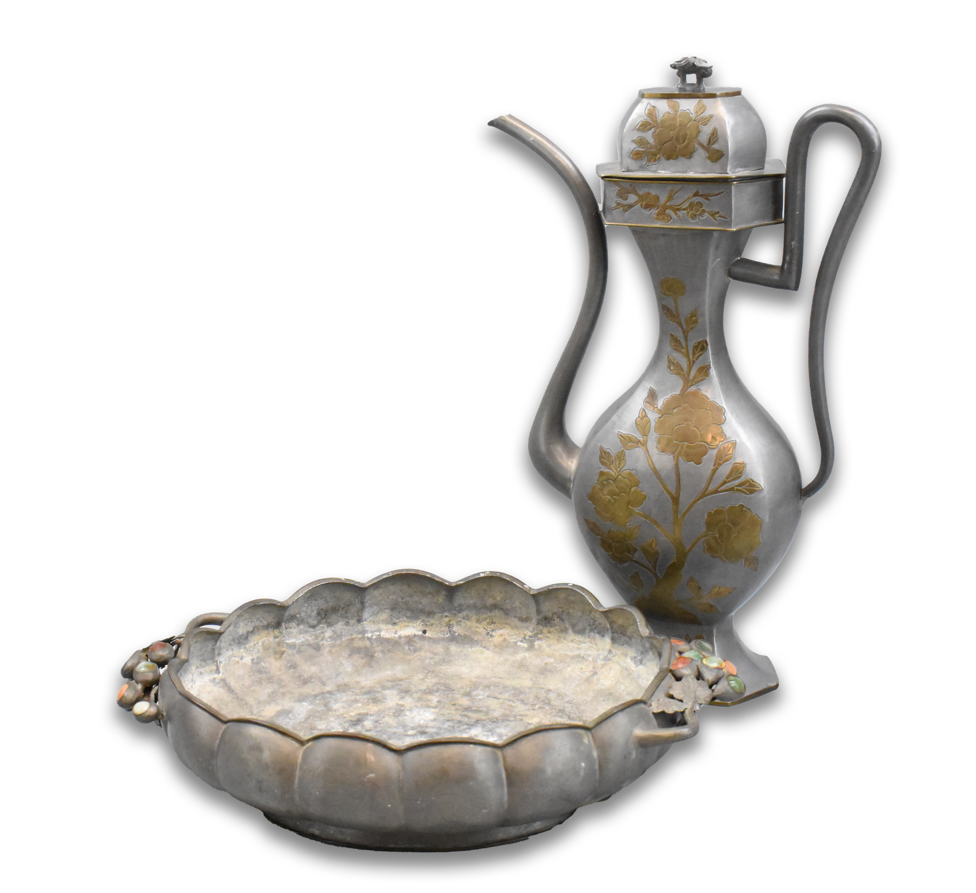 Appraisal: A Chinese pewter wine pot and lobed tray dating from