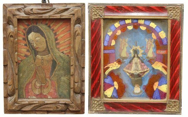 Appraisal: lot of Religious folk art Mexico including framed straw reed