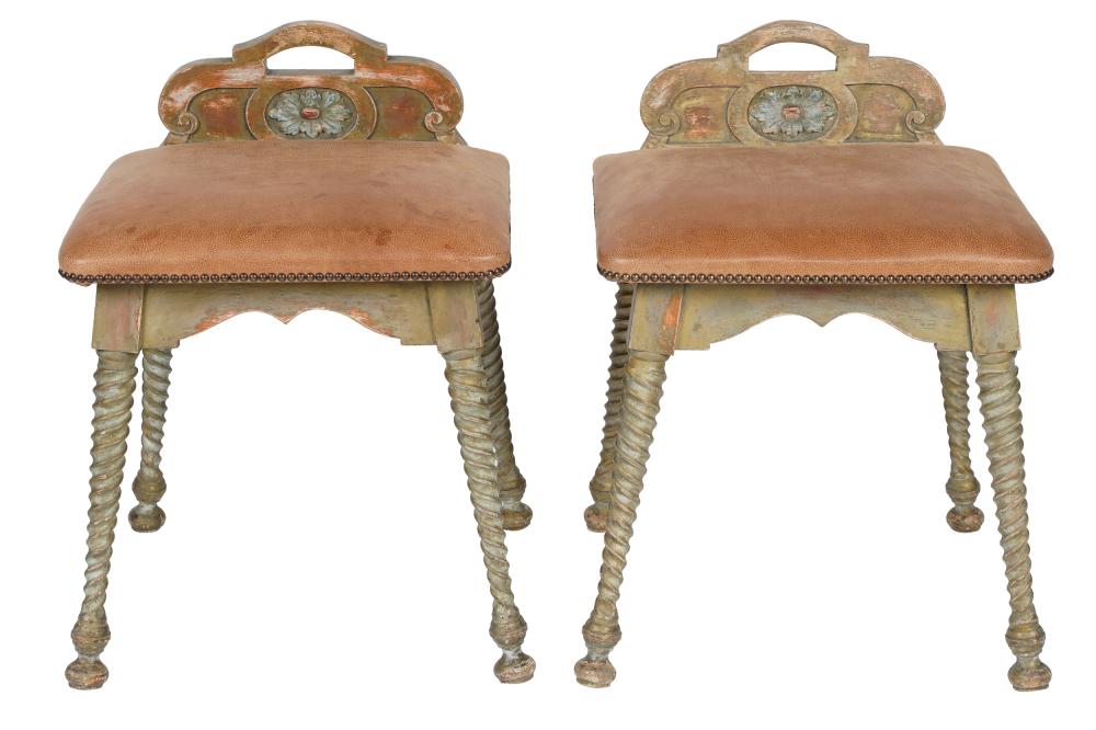 Appraisal: PAIR OF MONTEREY-STYLE PAINTED WOOD STOOLSunsigned each seat covered with