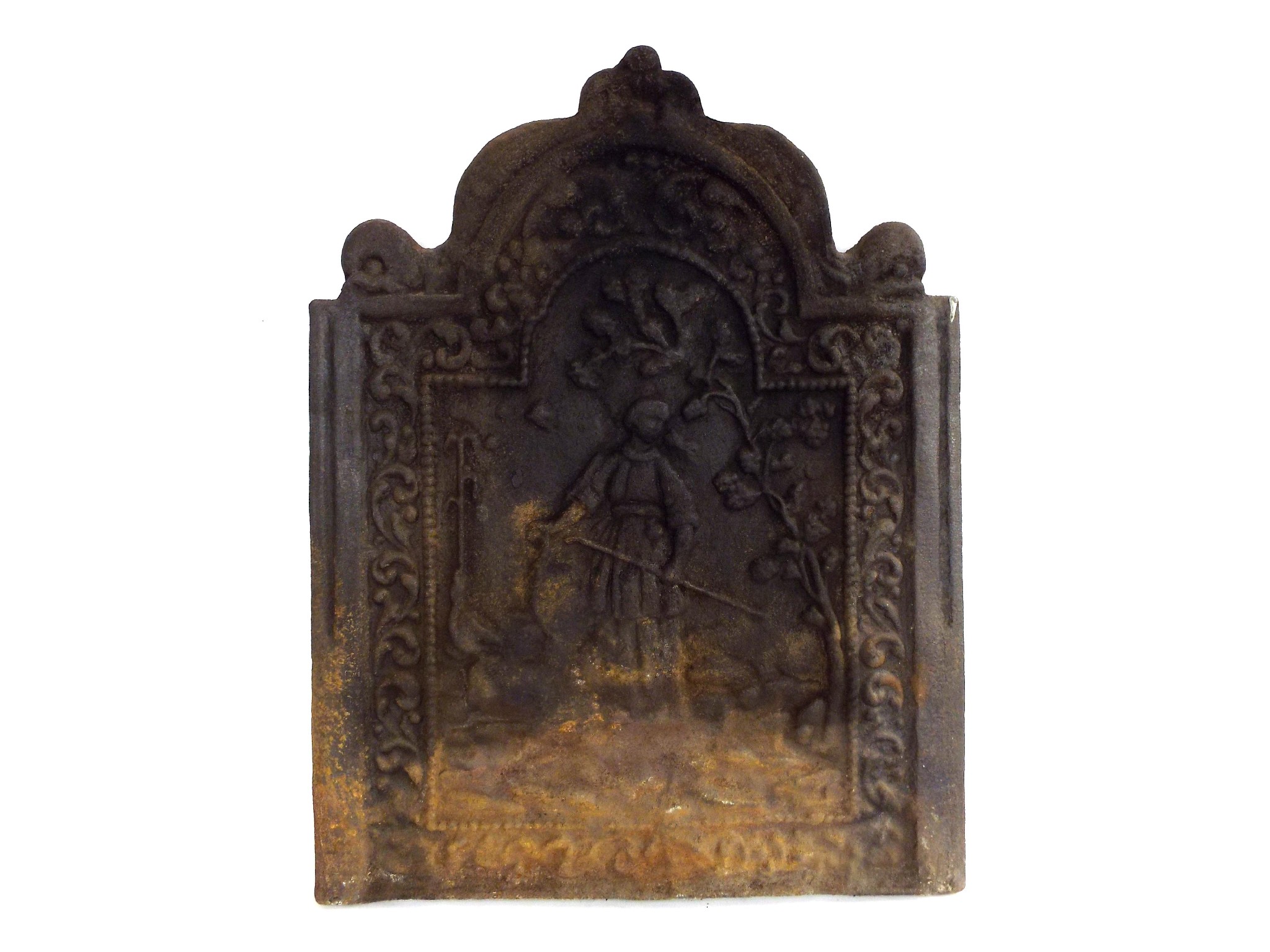 Appraisal: Antique cast iron fire back decorated in relief with a