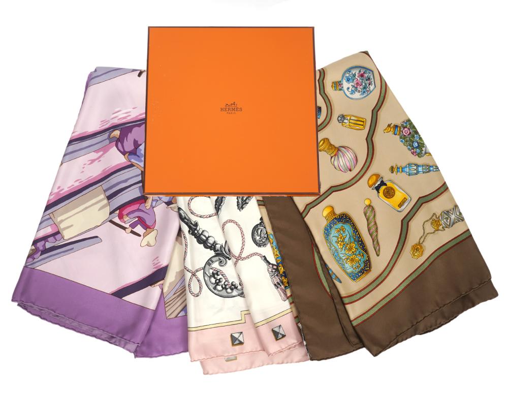 Appraisal: HERMES PARIS VINTAGE SILK SCARVES Hermes vintage silk scarves includes