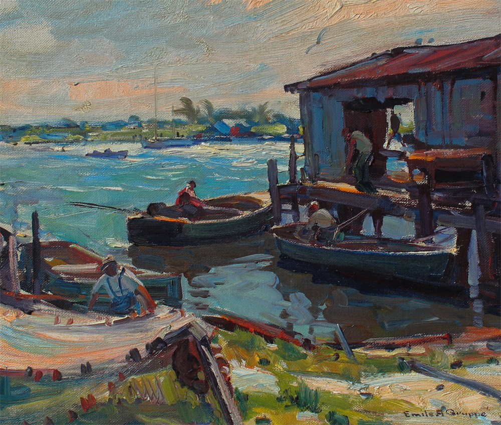 Appraisal: GRUPPE Emile American - Dockside Scene Oil Canvas '' x