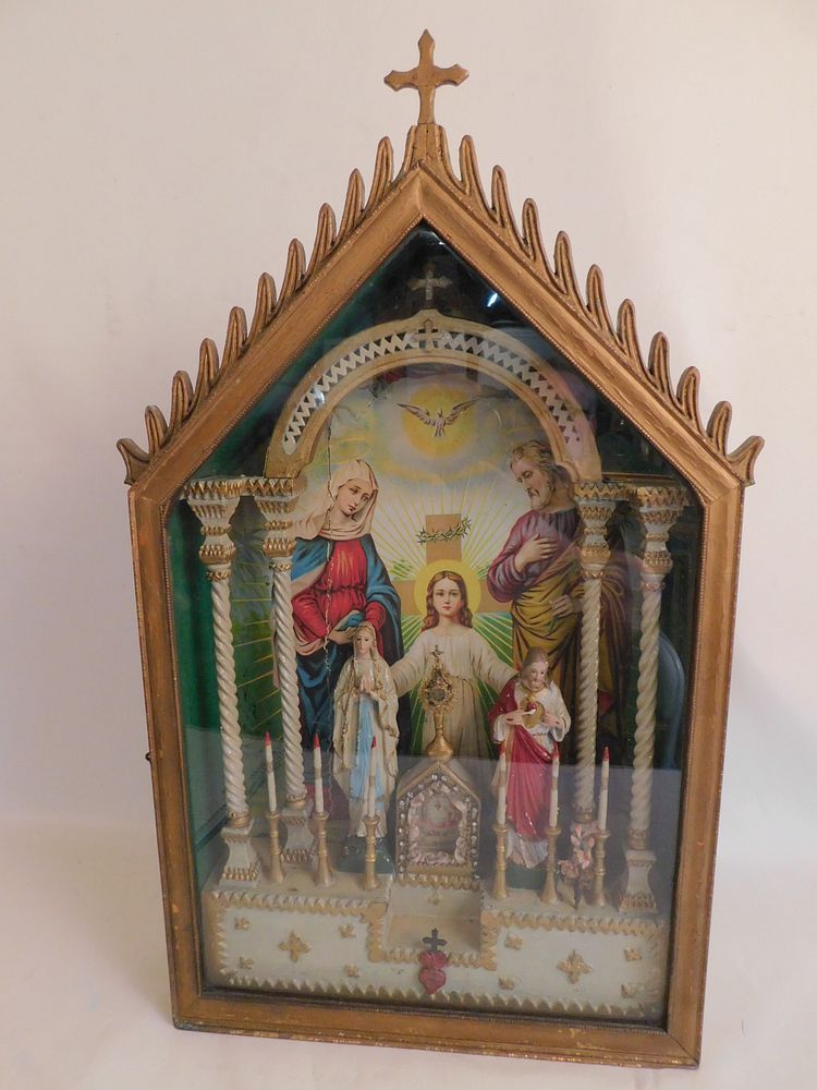 Appraisal: VICTORIAN SHADOW BOX ALTAR Victorian shadow box frame with Christian