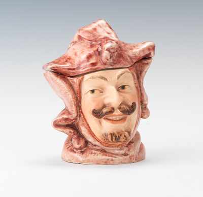 Appraisal: A Majolica Jester Head Humidor Majolica glazed pottery tobacco humidor