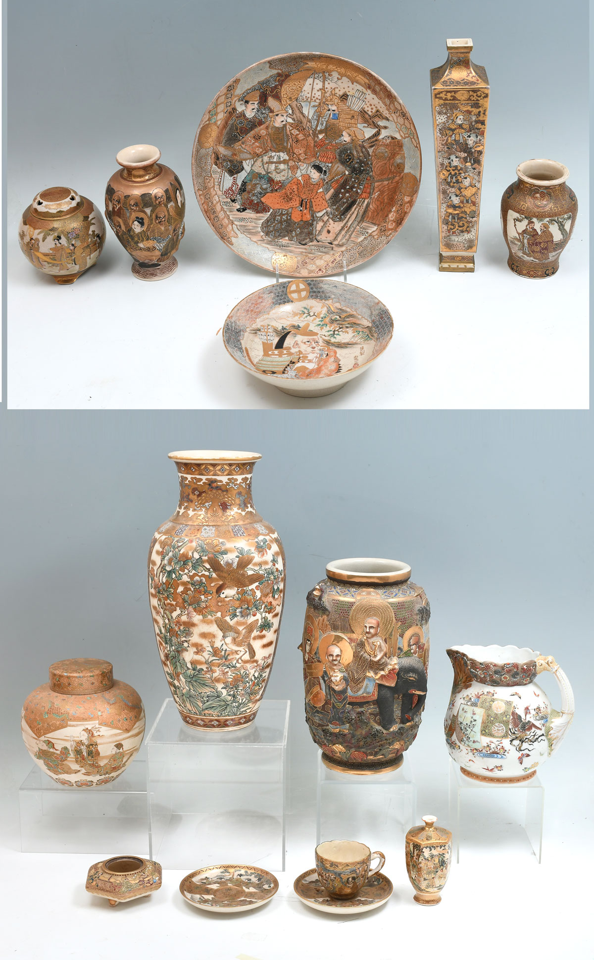 Appraisal: LARGE PC SATSUMA COLLECTION Mostly th century Comprising Ginger jar