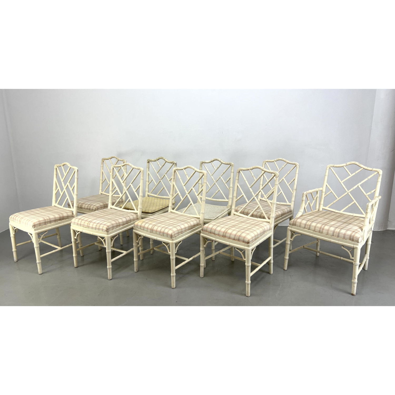 Appraisal: Chinese Chippendale style Lattice Dining Chairs Painted Faux Bamboo Frames