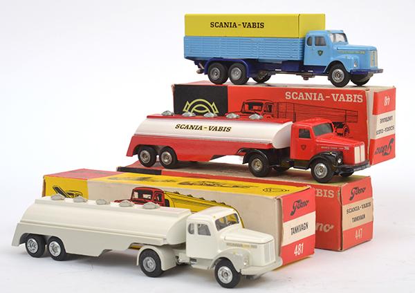 Appraisal: THREE TEKNO MODELS INCLUDING SCANIA-VABIS PETROL TANKER RED AND WHITE