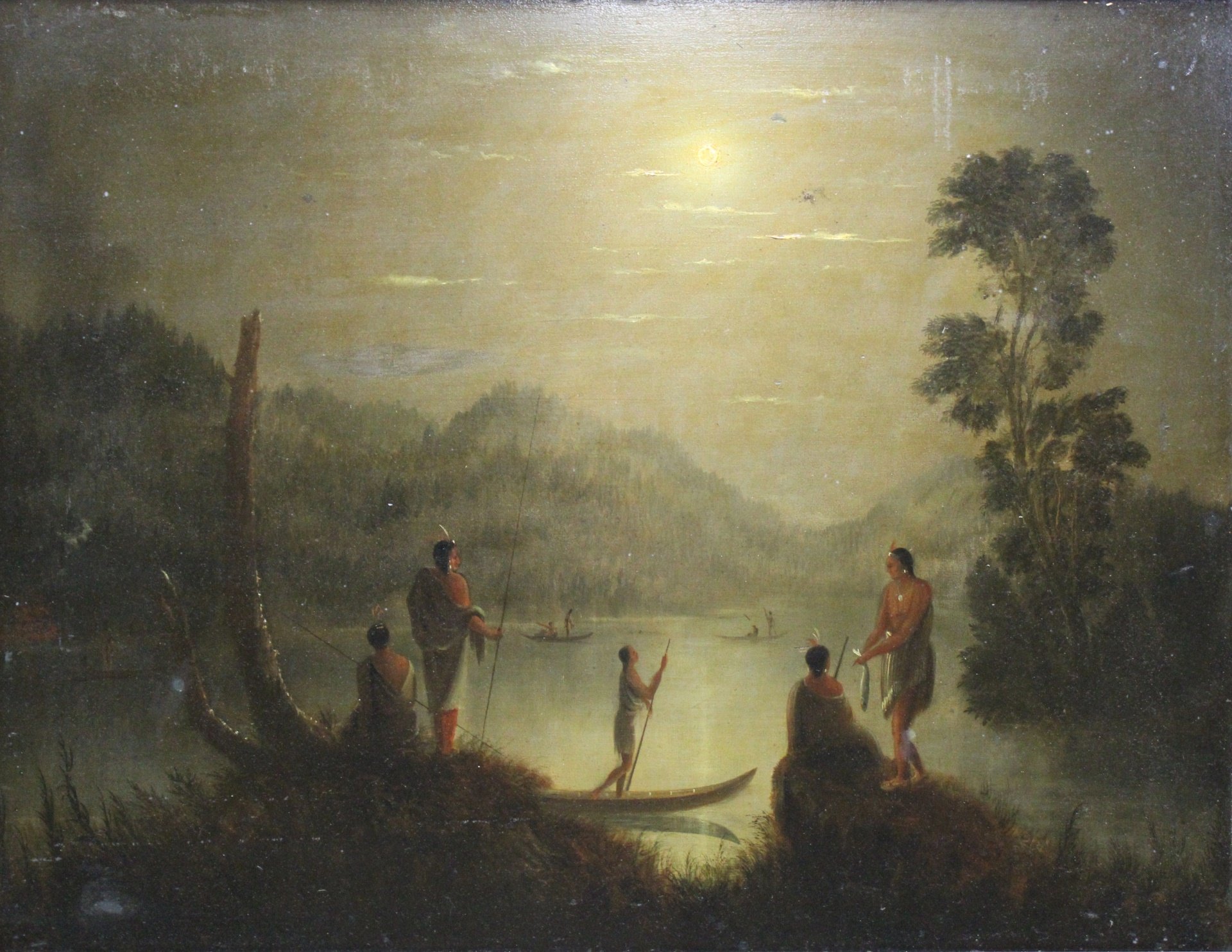 Appraisal: AMERICAN SCHOOL TH CENTURY Oil on panel Native Americans fishing