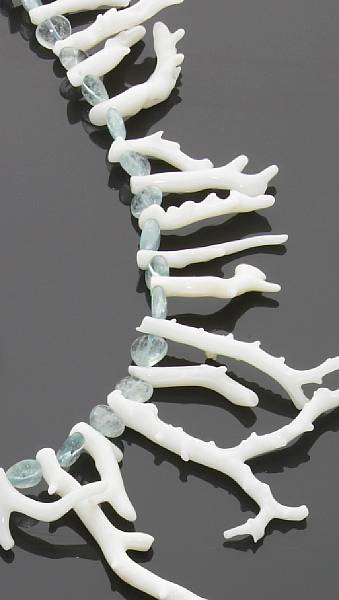 Appraisal: White Branch Coral and Aquamarine Necklace Consisting of polished branches