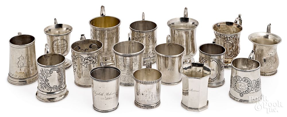 Appraisal: Collection of sixteen coin silver child's mugs Collection of sixteen