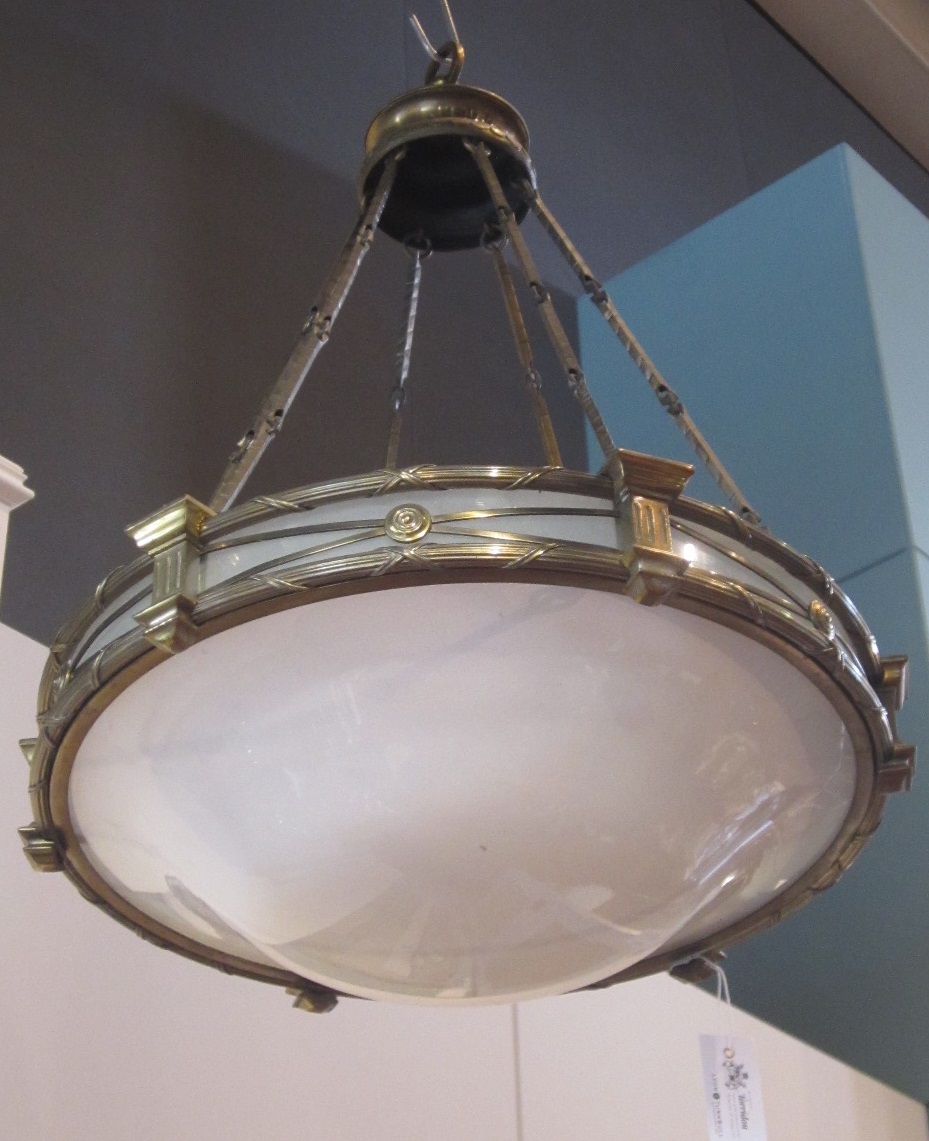 Appraisal: TWO BRASS AND OPALINE GLASS PENDANT LIGHTS LATE TH EARLY