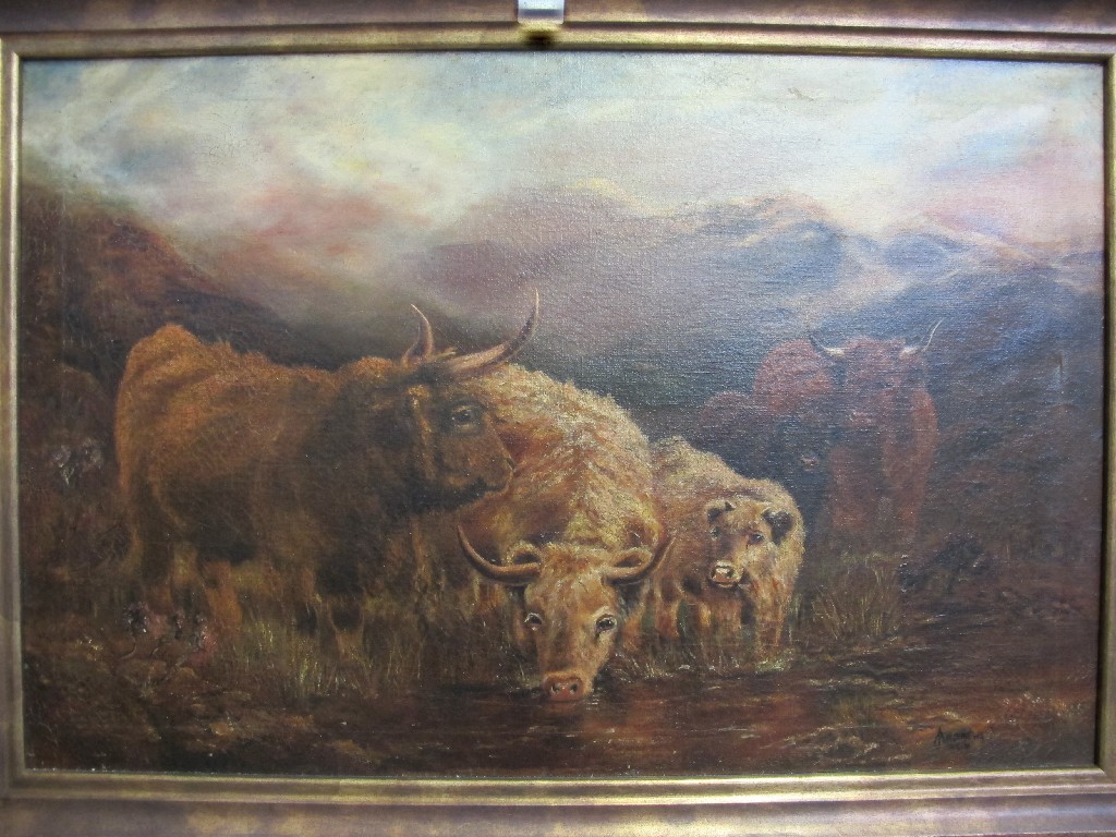 Appraisal: Oil on canvas Highland Cattle watering signed Andrews