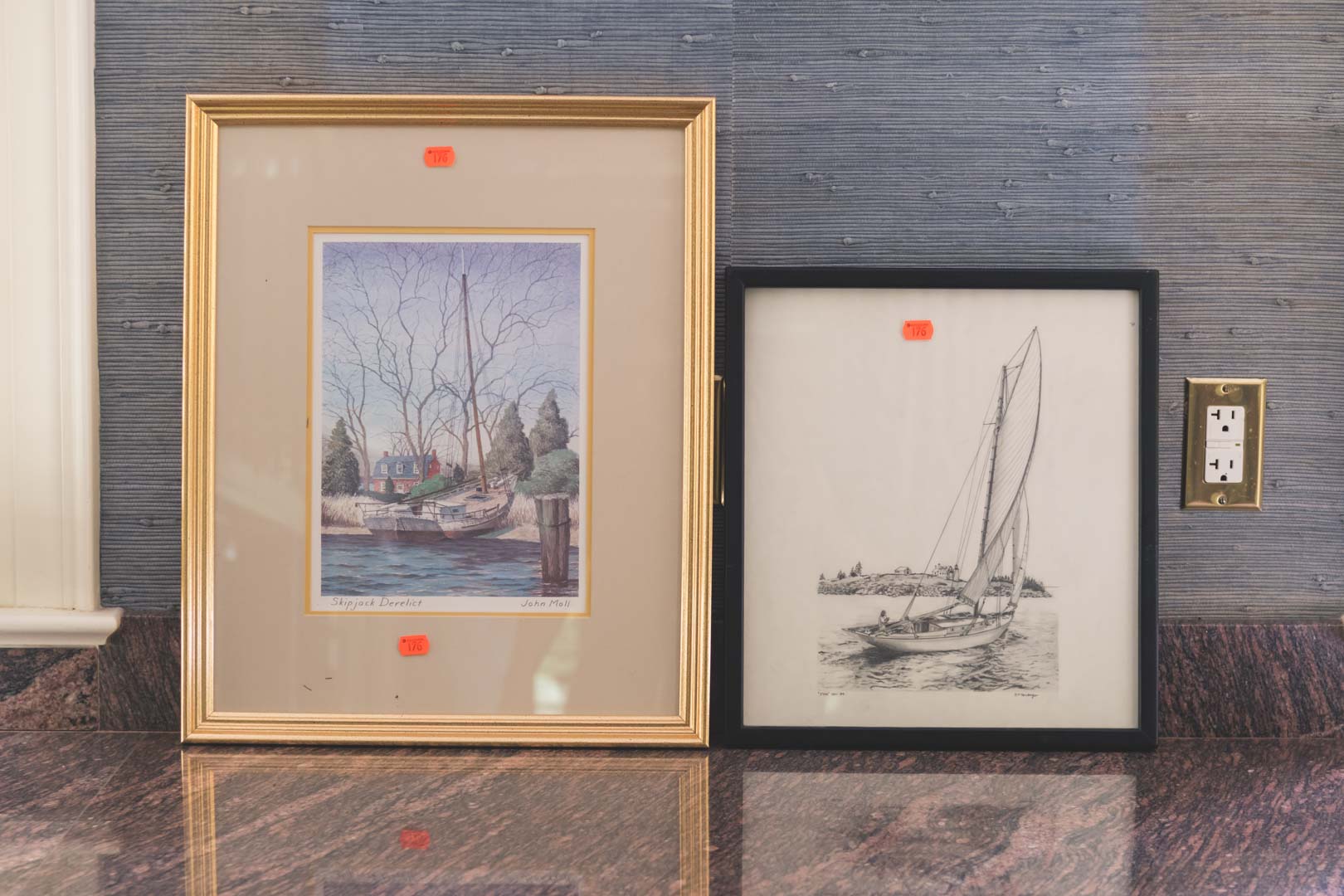 Appraisal: Two framed nautical prints including Skipjack Derelict by John Moll