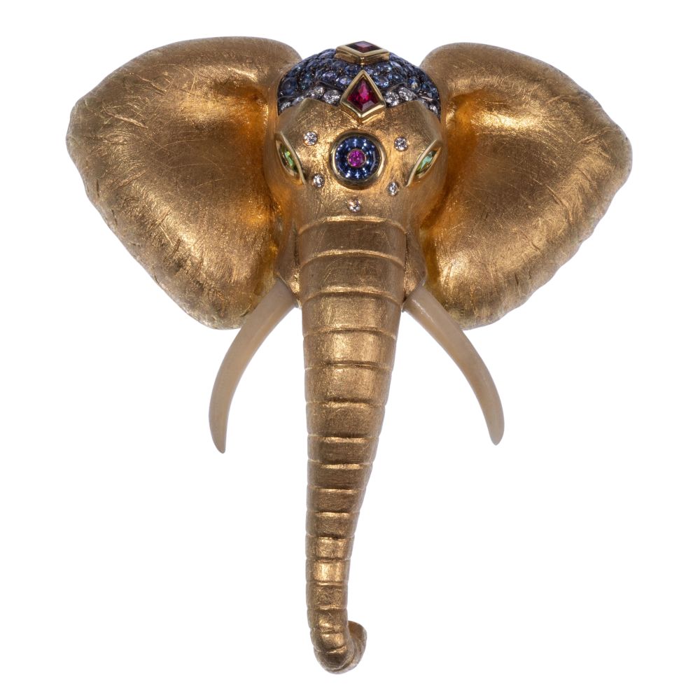 Appraisal: PAULA CREVOSHAY K YELLOW GOLD GEMSTONE AND DIAMOND ELEPHANT PENDANT