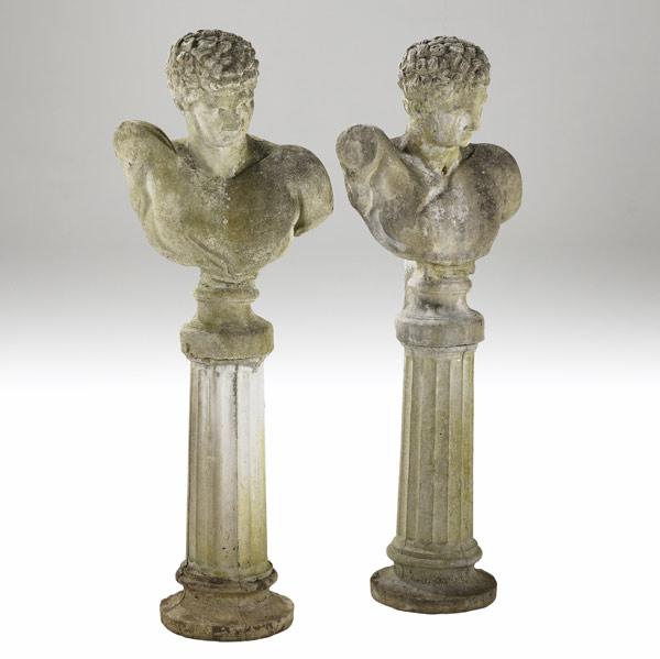 Appraisal: GARDEN STATUARY Pair of Roman male busts on fluted columns