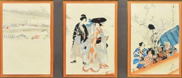 Appraisal: Framed Japanese ukiyo-e woodblock triptych on paper Chiyoda Palace Toyohara