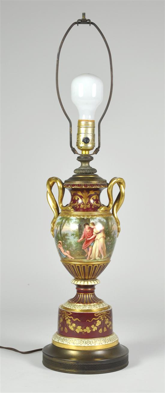 Appraisal: French Style Vase Lamp Circa Decorated pastoral scene with three