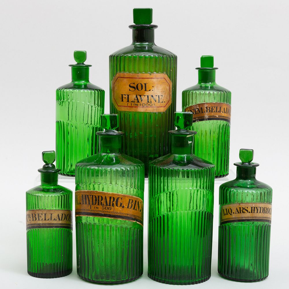 Appraisal: Group of Seven French Green Glass Apothecary Jars with Paper