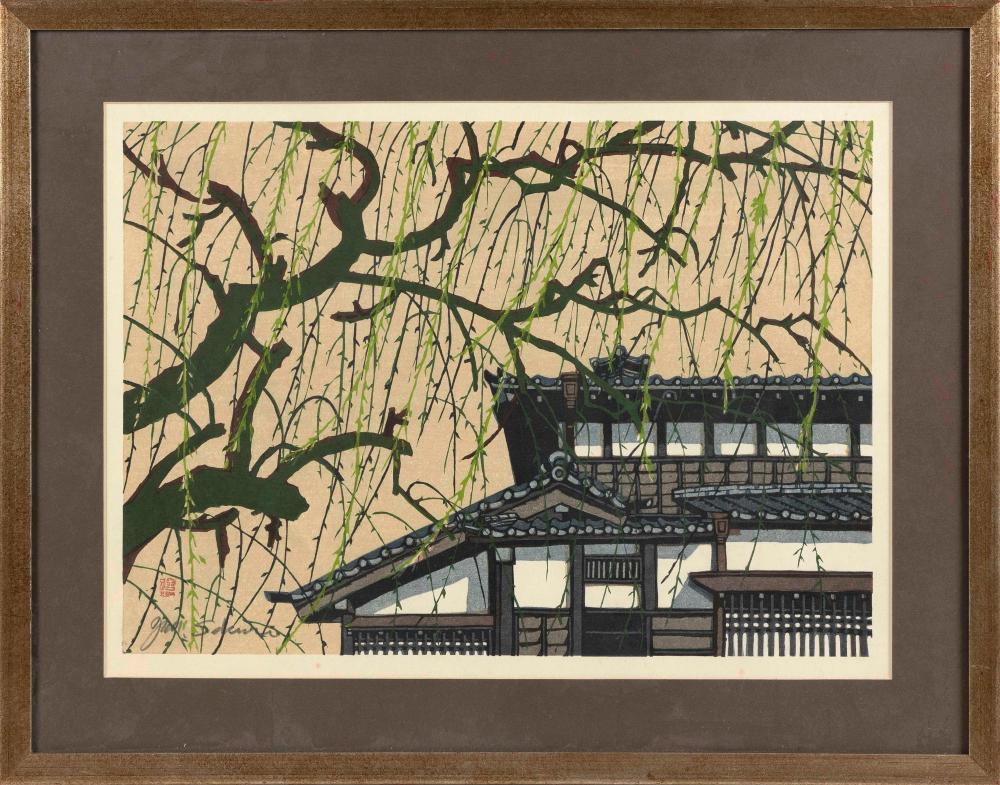 Appraisal: JUN'ICHIRO SEKINO JAPAN - TEA HOUSE AND WILLOW TREE WOODBLOCK