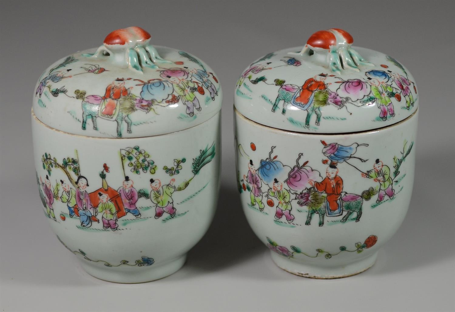 Appraisal: Chinese enameled covered pots with figural decoration largest - h