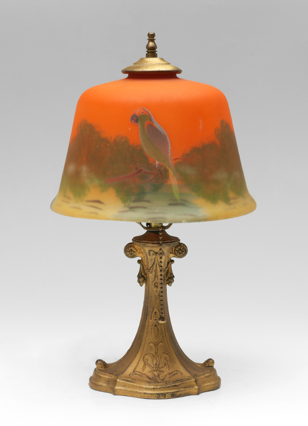 Appraisal: REVERSE PAINTED BOUDOIR LAMP Unmarked gold painted cast metal base