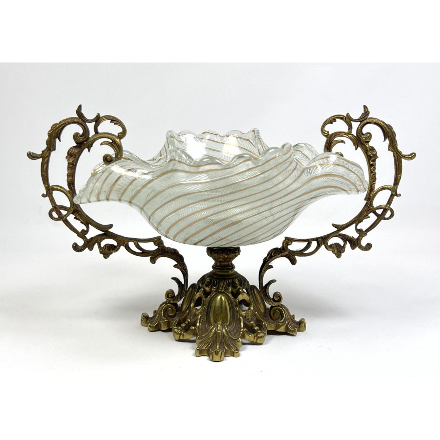 Appraisal: Murano Latticino Art Glass Bowl in Ornate Metal Stand Handled