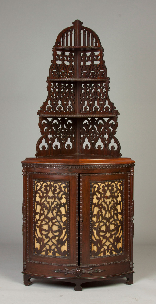 Appraisal: Victorian Rosewood Corner Curio Cabinet Mid th cent Pierce carved