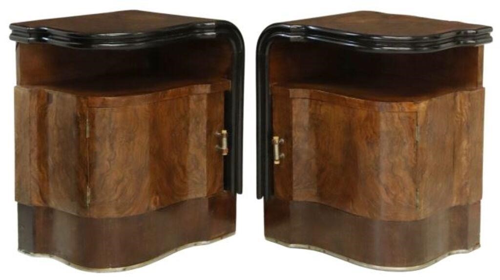 Appraisal: pair Italian Art Deco figured walnut nightstands c s shaped