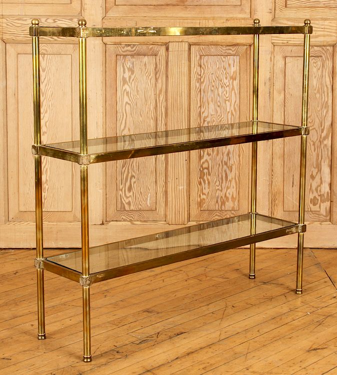 Appraisal: THREE TIER BRASS GLASS ETEGERE CIRCA A three tier brass