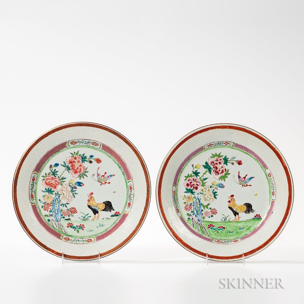 Appraisal: Pair of Famille Rose Rooster Dishes Pair of Famille Rose