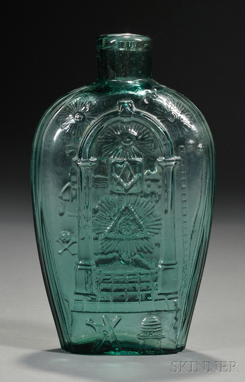 Appraisal: Blue-Green Blown Molded Historical Masonic Eagle Glass Flask Keene Glassworks