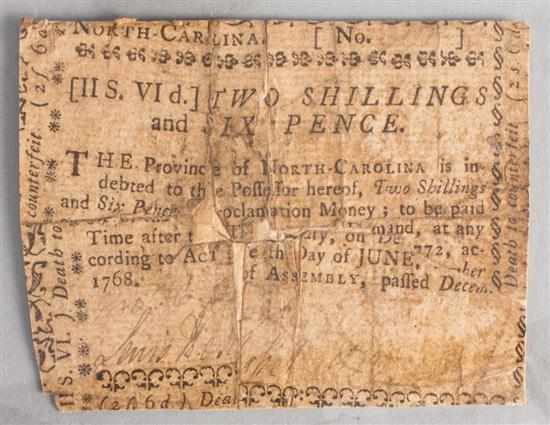 Appraisal: North Carolina Colonial Currency Shillings pence issued December Very Good