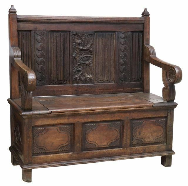 Appraisal: French carved oak hall bench th c tapered finials over