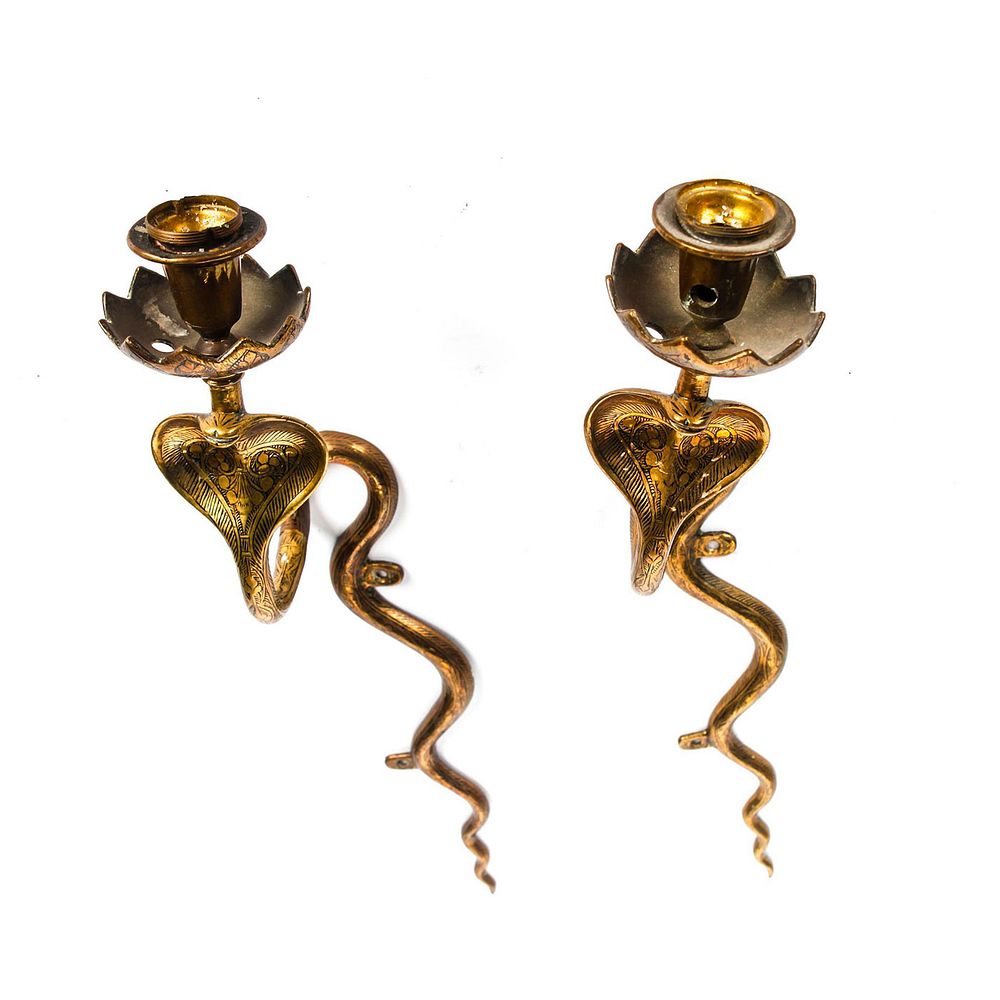 Appraisal: PAIR OF BRONZE INDIAN COBRA WALL SCONCES Niello style Cobra