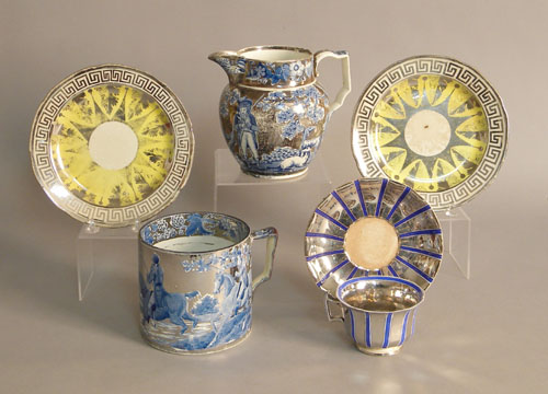 Appraisal: Six pieces of silver resist with cobalt and yellow transfer