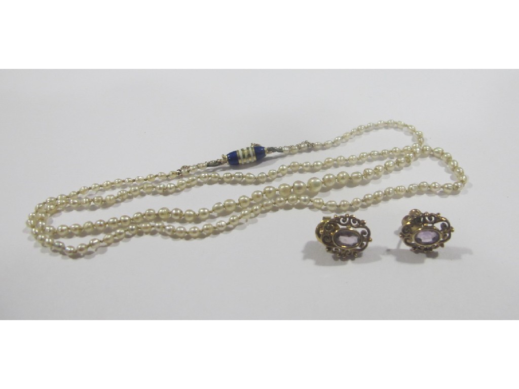 Appraisal: Lot comprising a string of seed pearls with enamelled yellow