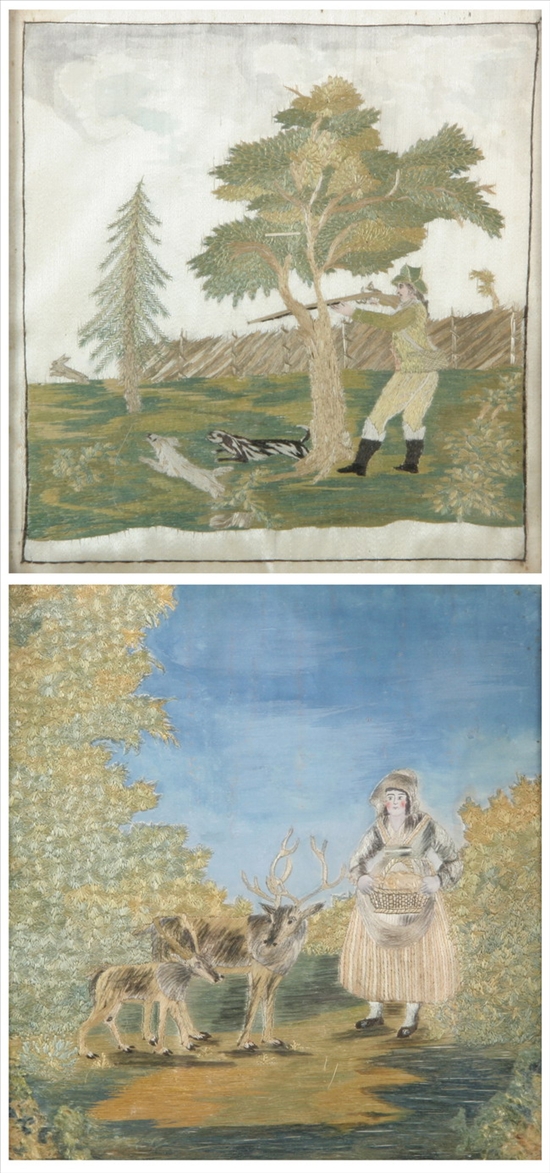 Appraisal: TWO ENGLISH NEEDLEWORK AND WATERCOLOR PICTURES circa One a man