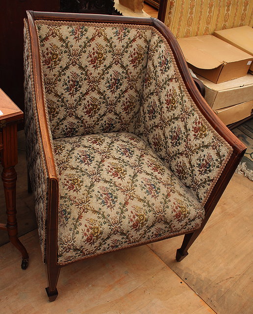 Appraisal: AN EDWARDIAN BERGERE TYPE CHAIR with decoartive stringing to the