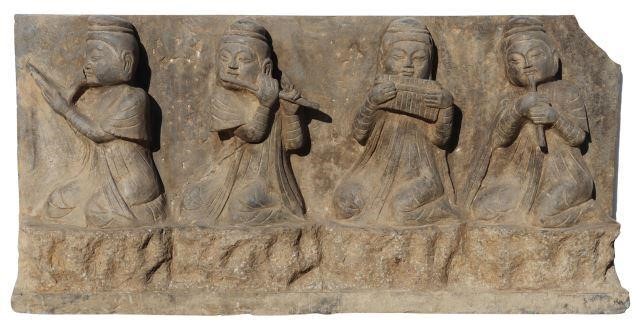 Appraisal: Chinese carved stone figural panel depicting four kneeling musicians playing