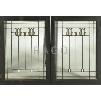 Appraisal: PRAIRIE STYLE Pair of leaded glass casement windows with tulips