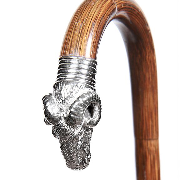 Appraisal: Silver Ram Dress Cane Ca - A bamboo crook cane