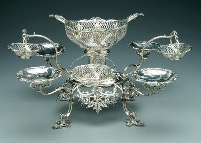 Appraisal: George III English silver epergne swirled openwork neck and oval