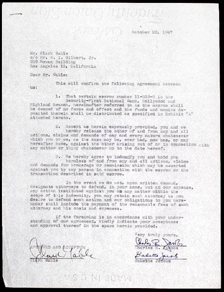 Appraisal: A Clark Gable signed document A one page typed note