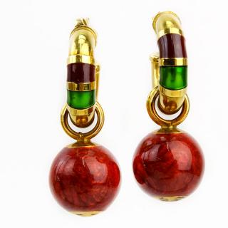 Appraisal: Yellow Gold and Enamel Hoop Earrings with Detachable Ball Pendant