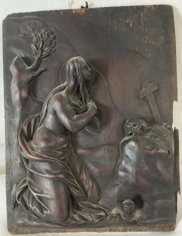 Appraisal: HAND CARVED WOODEN PLAQUE DEPICTING A BIBLICALSCENE OF A WOMAN