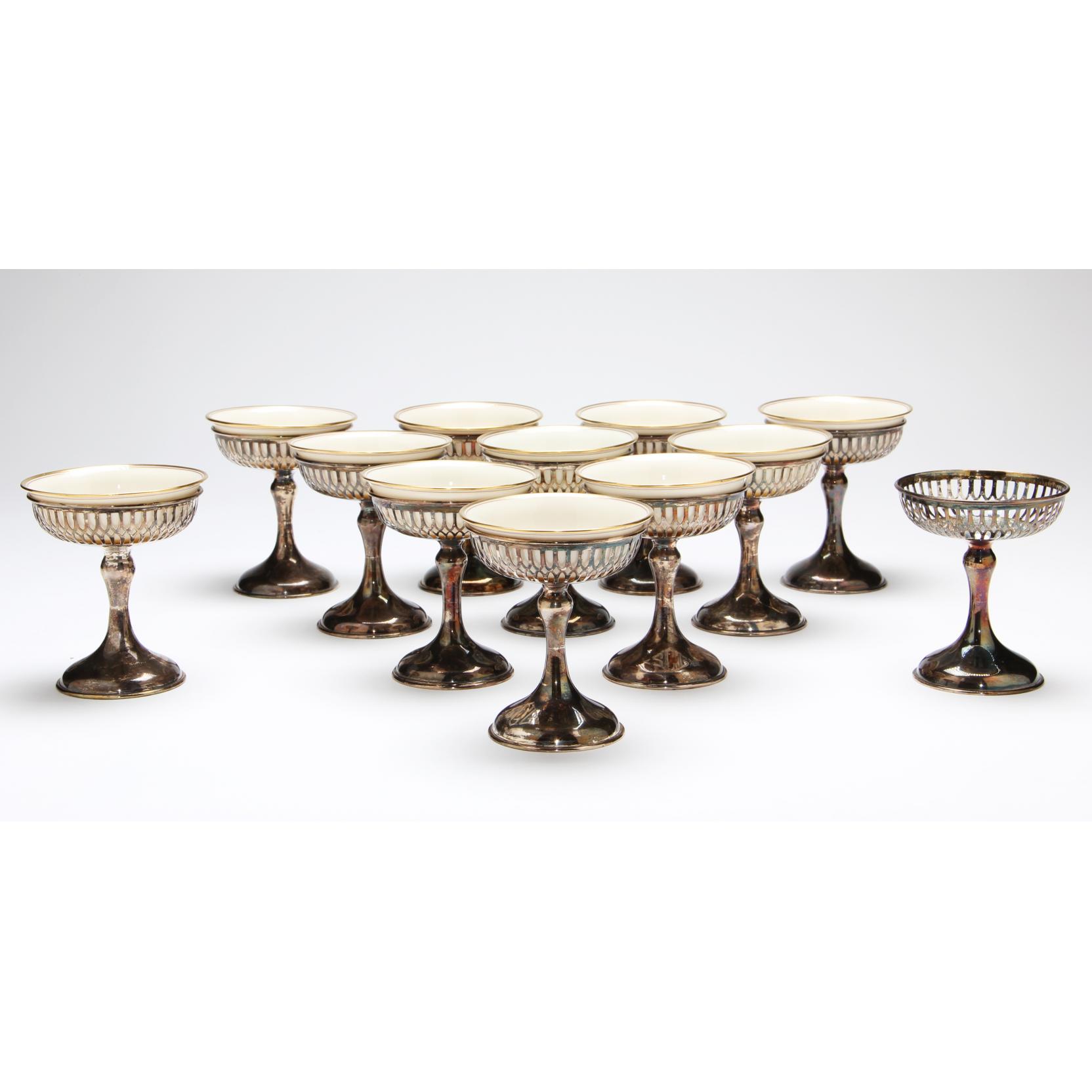 Appraisal: Set of Sterling Silver Champagne Coupes with china liners the