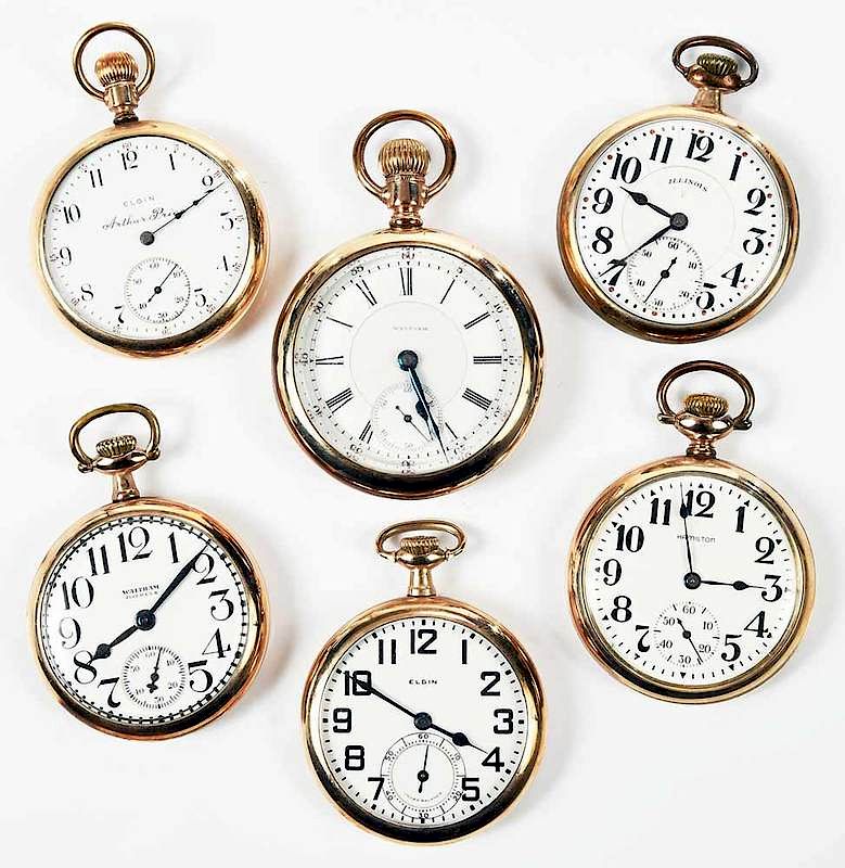 Appraisal: Six Gold Plated Pocket Watches to mm cases including two