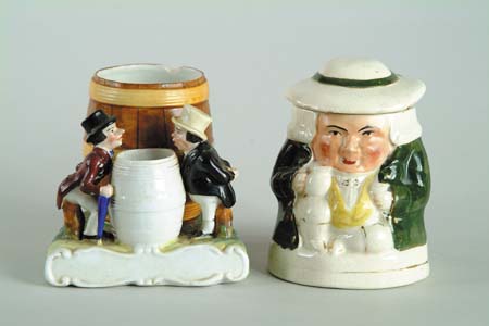 Appraisal: PORCELAIN FIGURAL TOBACCO BOX AND TOBY SNUFF JAR Interesting tobacco